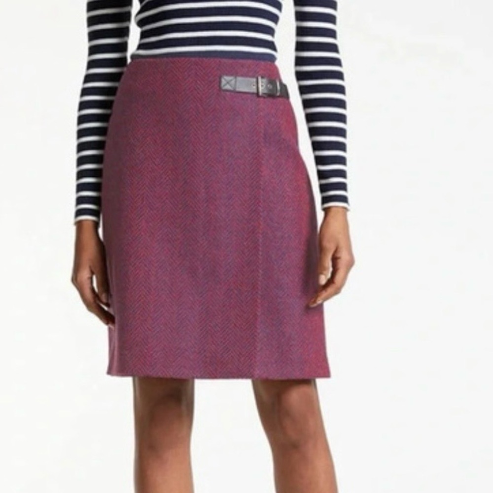 EUC, Boden Faux Wrap Navy & Red British Tweed Wool Skirt by Mallalieus, SZ 8 L